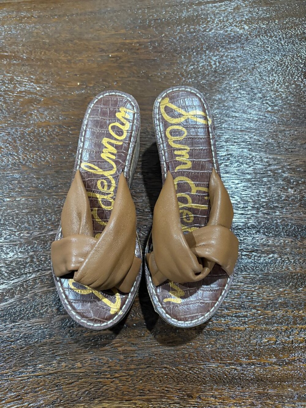 Sam Edelman Leather Upper Wedge Slides Sandals  Camel Brown sz 8.5 Cork EUC